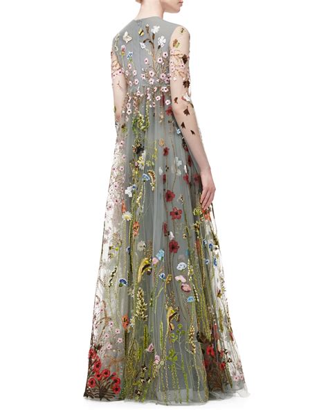 Embroidered Long Dress Gray Technical Tulle 